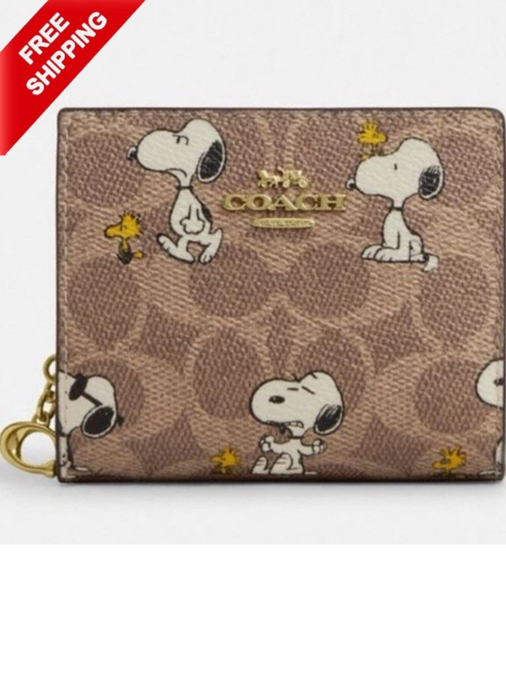 NWT Coach X Peanuts Snap Wallet In Signature Canvas With Snoopy Print CBN32 Tan